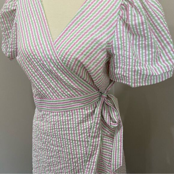Draper James RSVP Pink Green Striped Seersucker Puff Sleeve Wrap Dress sz M - Picture 5 of 7